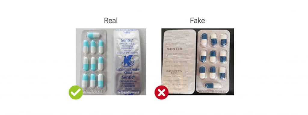 a comparison of real vs. fake phentermine pills (Sentis brand)