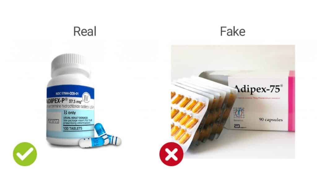 visual representation of real vs fake Adipex-P capsules