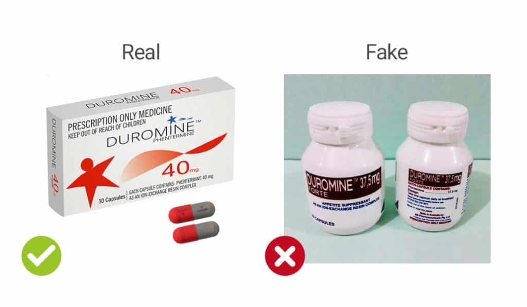 visual representation of real vs fake Duromine capsules