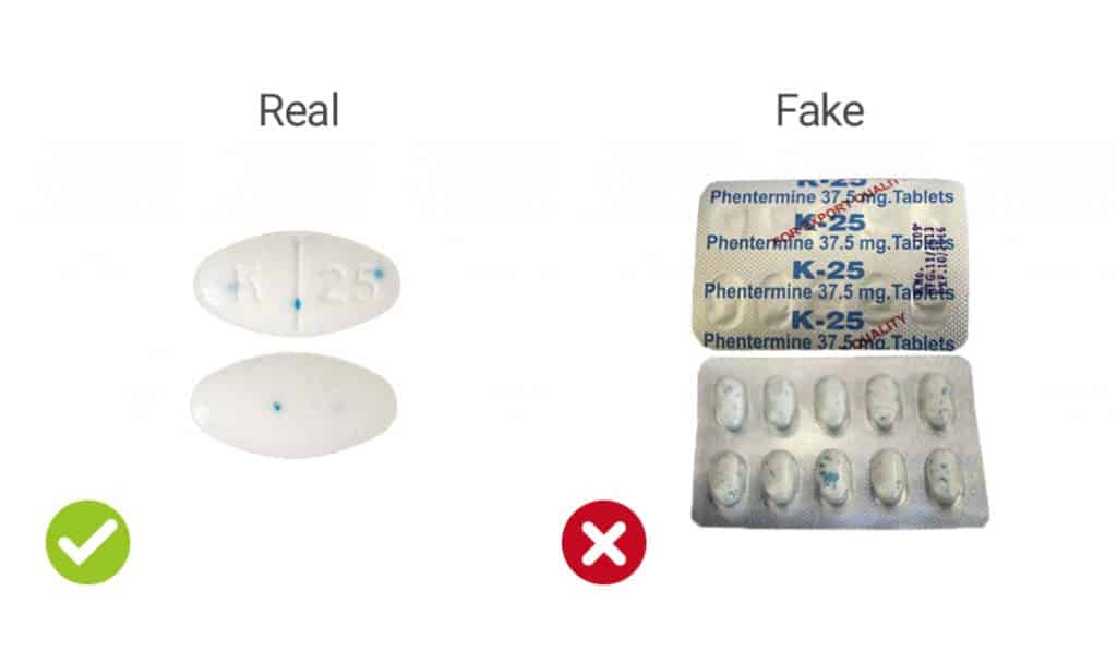 visual representation of real vs fake Adipex capsules (K25 imprint)